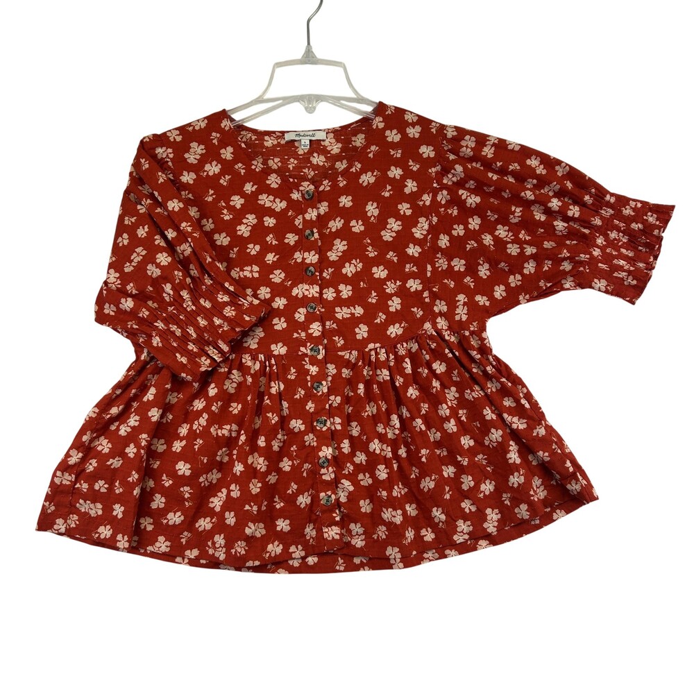 Madewell Blouse Womens Small Puff Sleeve Floral Button Front Peplum Tunic Boho